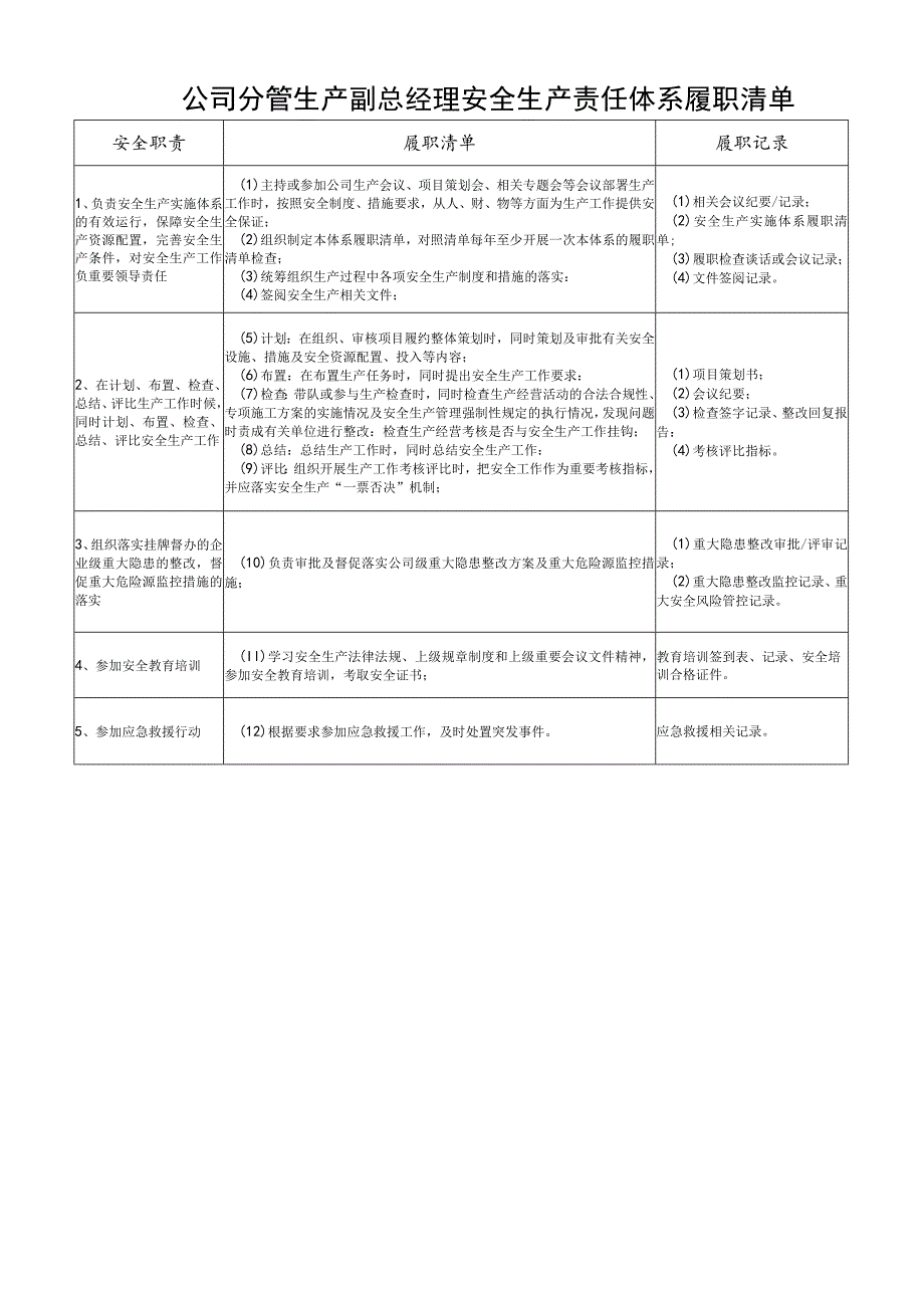 公司分管生产副总经理安全生产责任体系履职清单.docx_第1页