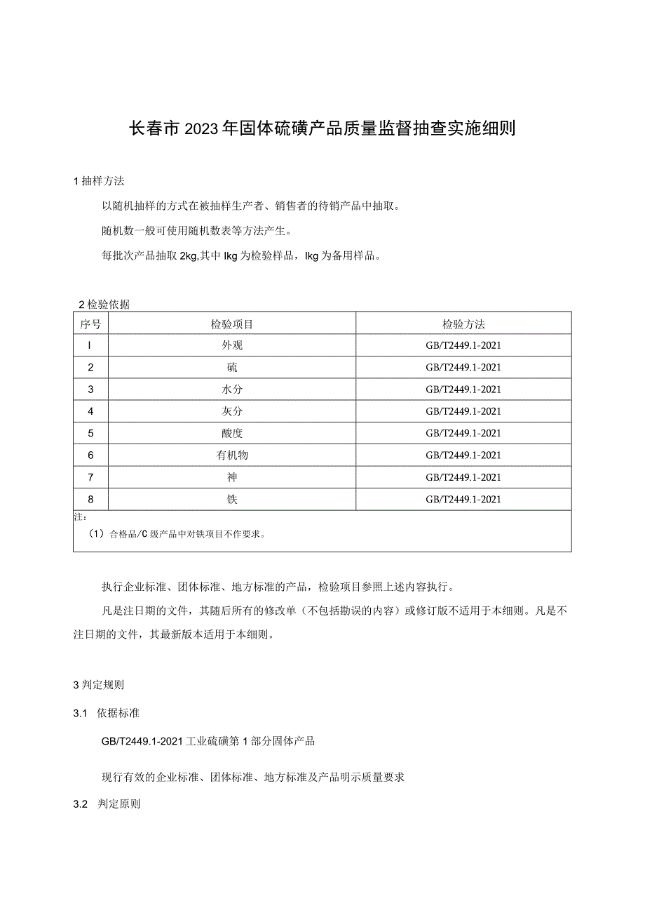 长春市2023年固体硫磺产品质量监督抽查实施细则.docx_第1页