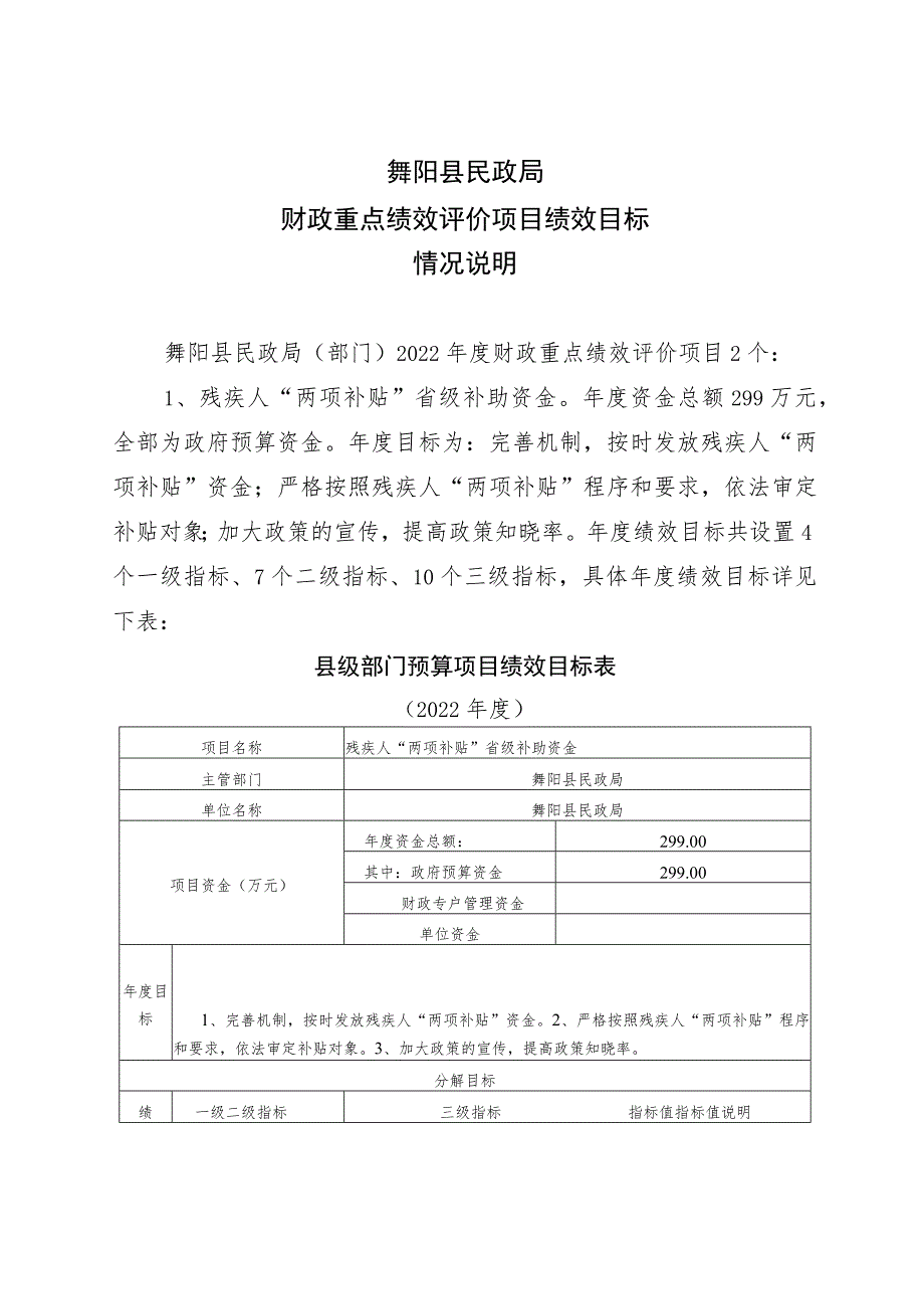 舞阳县民政局财政重点绩效评价项目绩效目标情况说明.docx_第1页