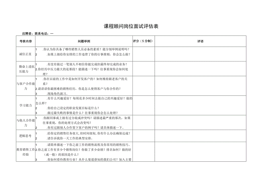 课程顾问岗位面试评估表.docx_第1页