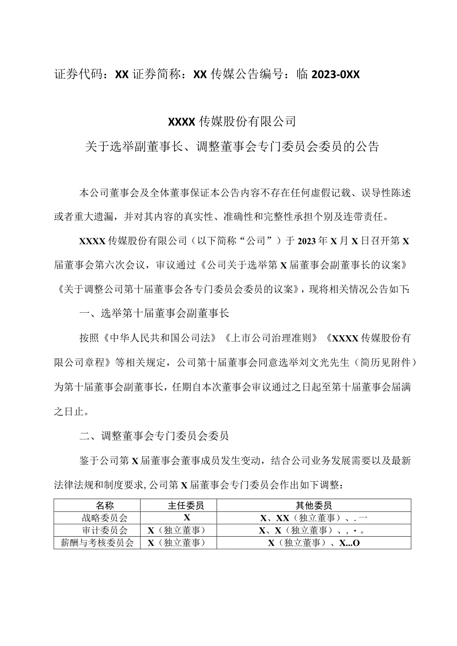 XX城市传媒股份有限公司关于选举副董事长、调整董事会专门委员会委员的公告.docx_第1页