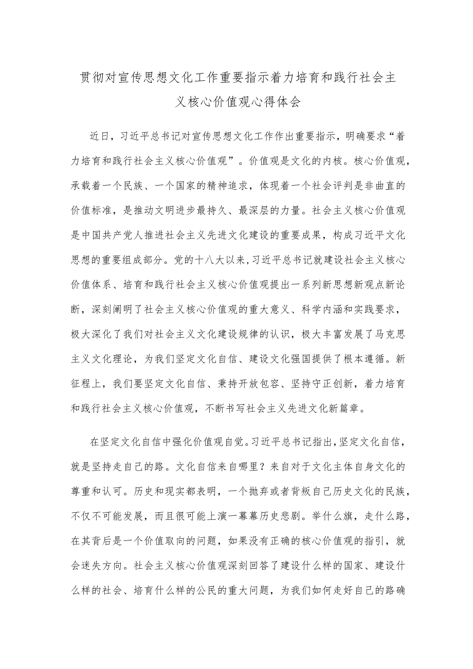 贯彻对宣传思想文化工作重要指示着力培育和践行社会主义核心价值观心得体会.docx_第1页