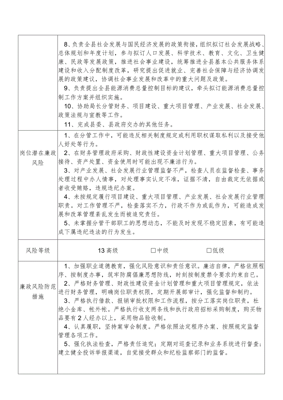 某县发展和改革部门分管财务项目建设重大项目管理产业发展社会发展政策法规与宣教等副职个人岗位廉政风险点排查登记表.docx_第2页