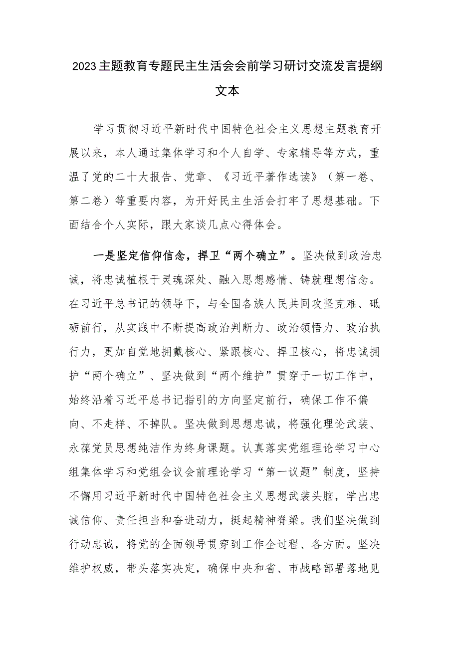 2023主题教育专题民主生活会会前学习研讨交流发言提纲文本.docx_第1页