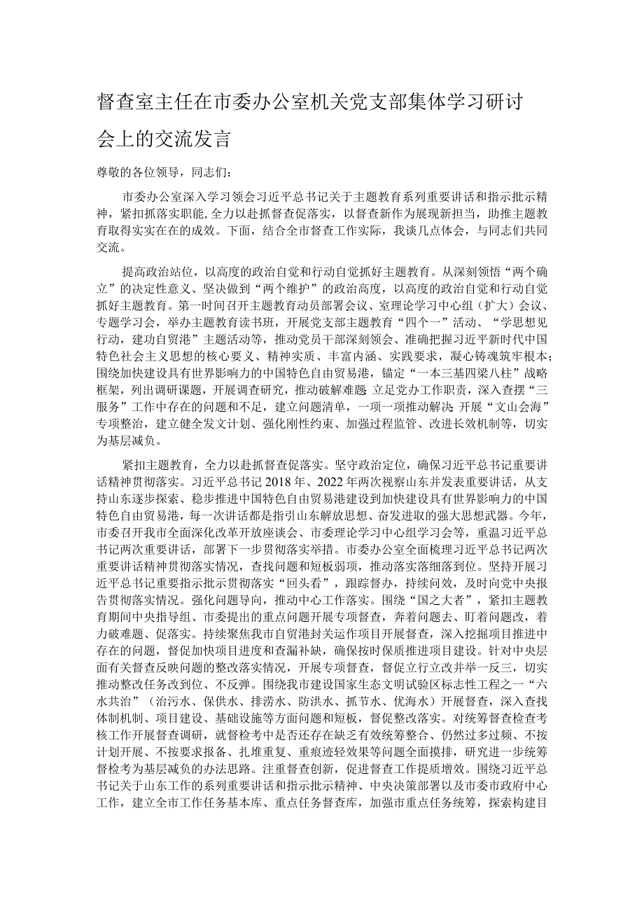 督查室主任在市委办公室机关党支部集体学习研讨会上的交流发言.docx_第1页