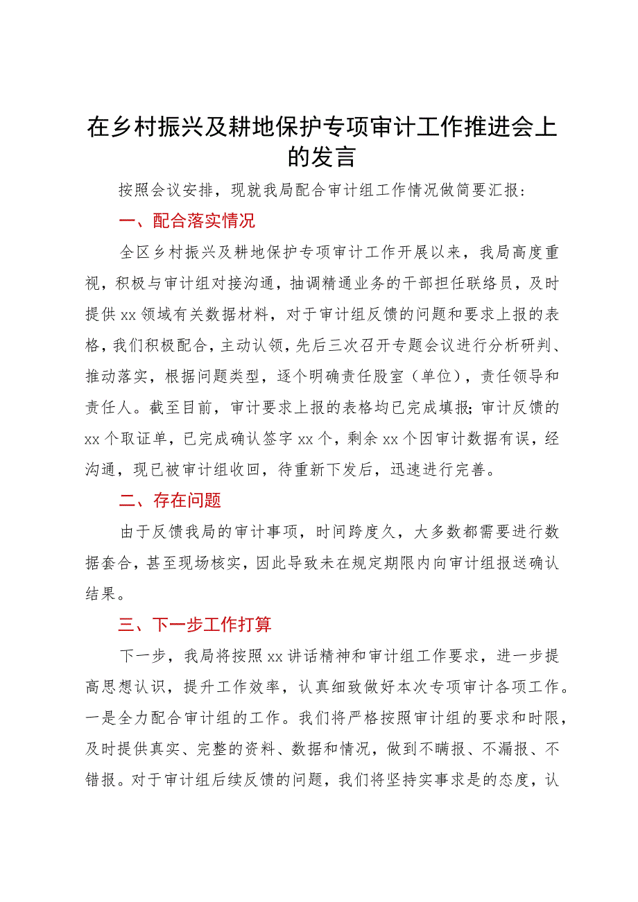 在乡村振兴及耕地保护专项审计工作推进会上的发言.docx_第1页