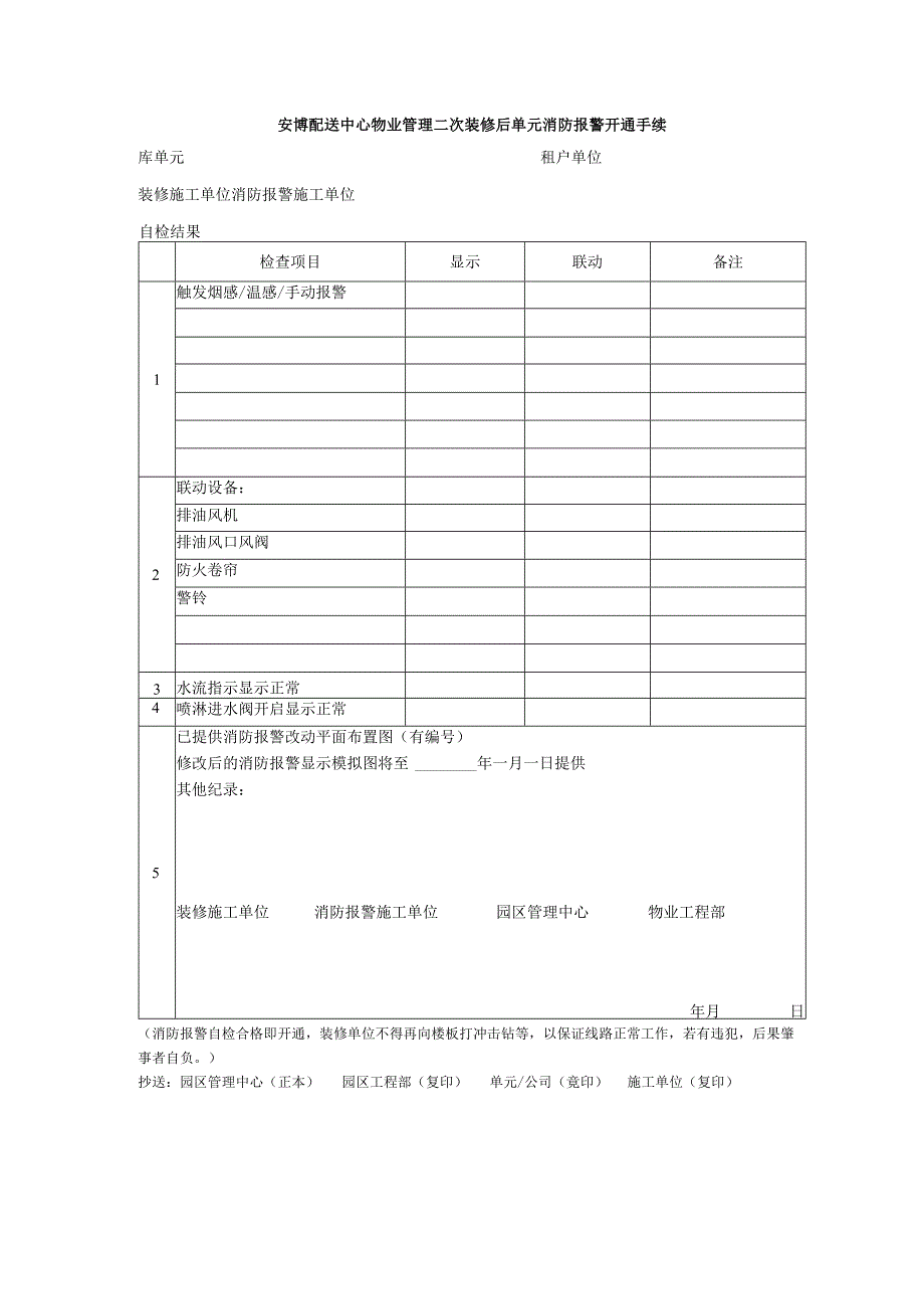 安博配送中心物业管理二次装修后单元消防报警开通手续.docx_第1页