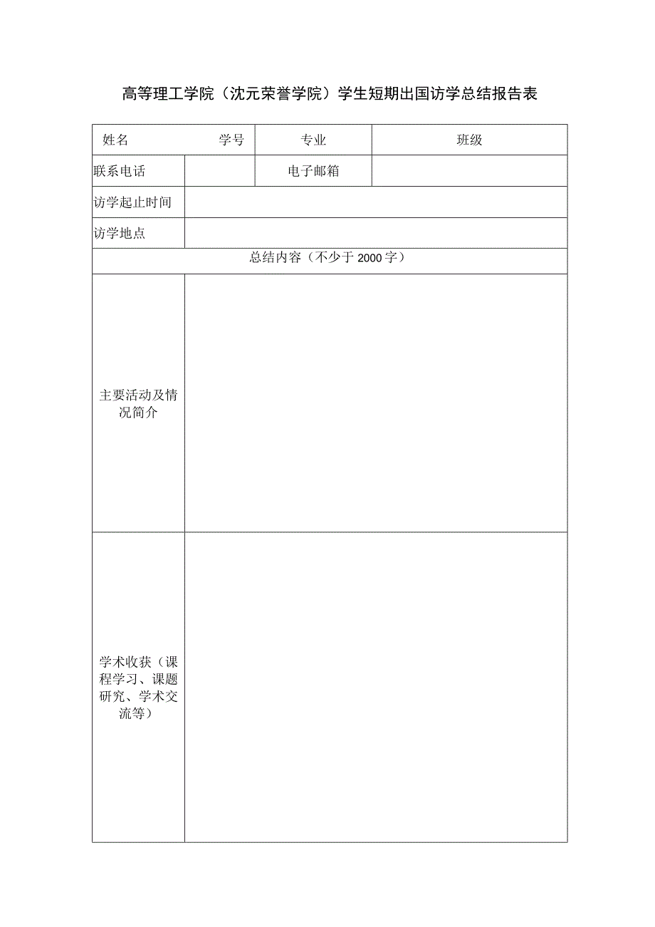 高等理工学院沈元荣誉学院学生短期出国访学总结报告表.docx_第1页