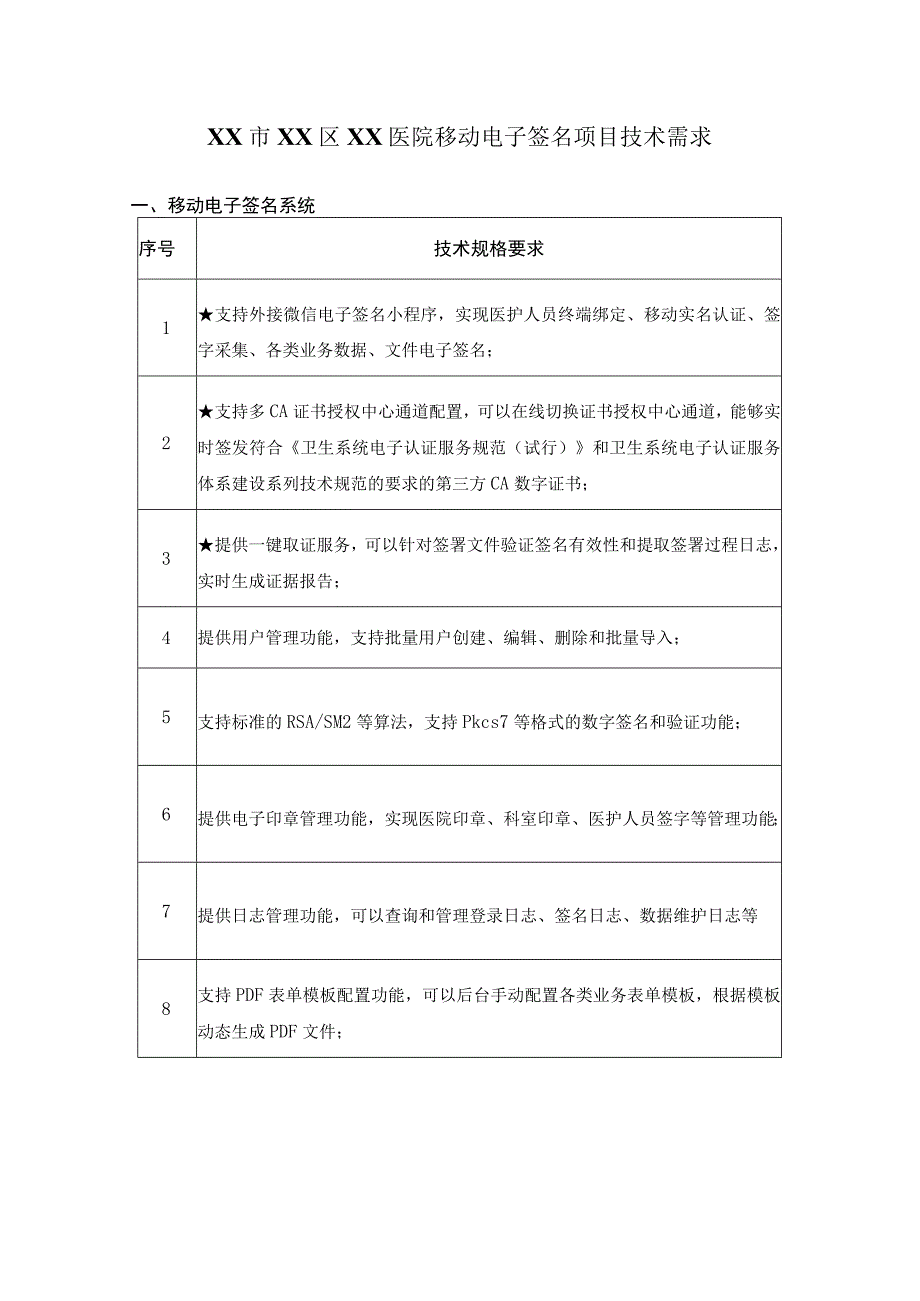 XX市XX区XX医院移动电子签名项目技术需求.docx_第1页