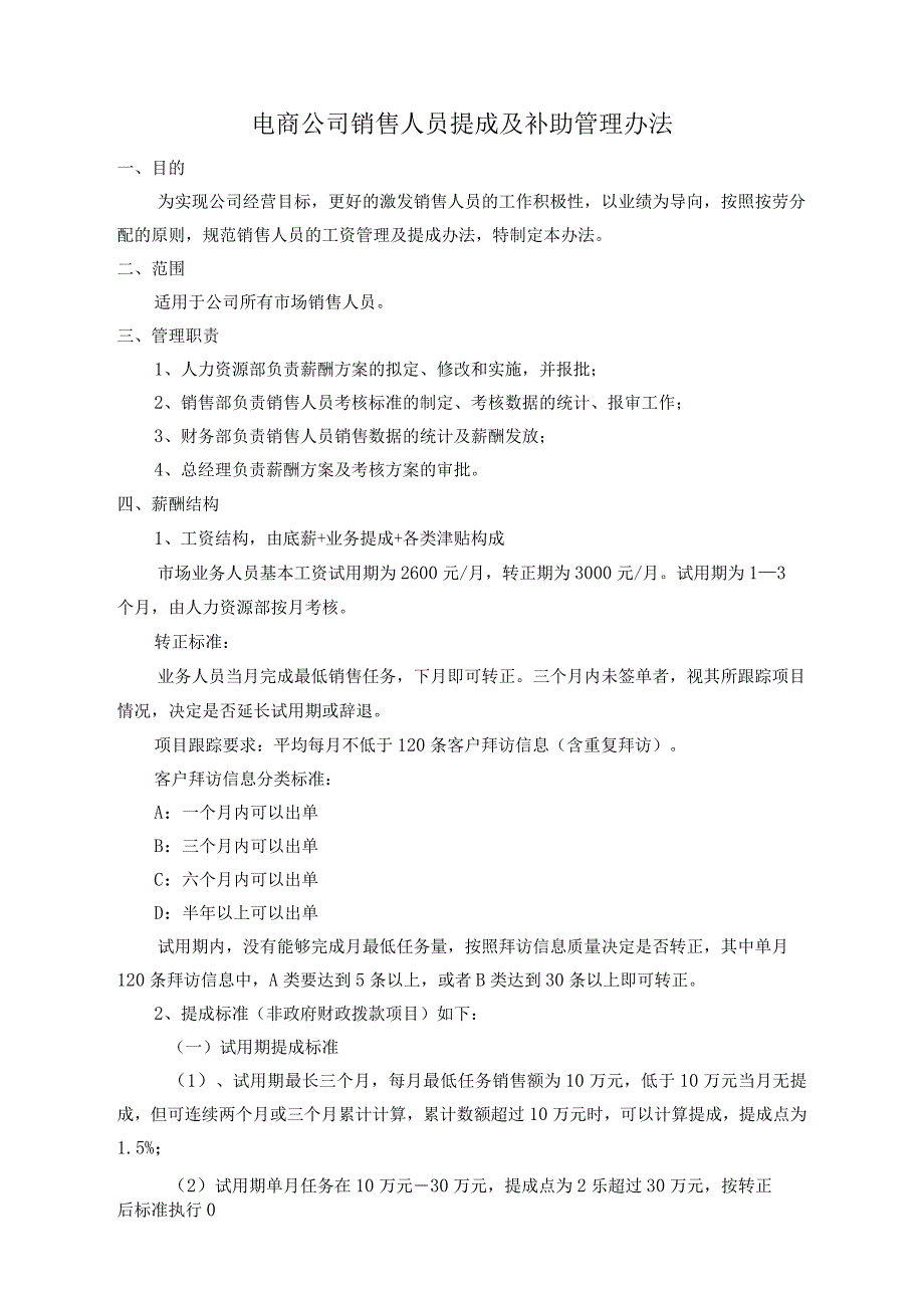 电商公司销售人员提成及补助管理办法.docx_第1页