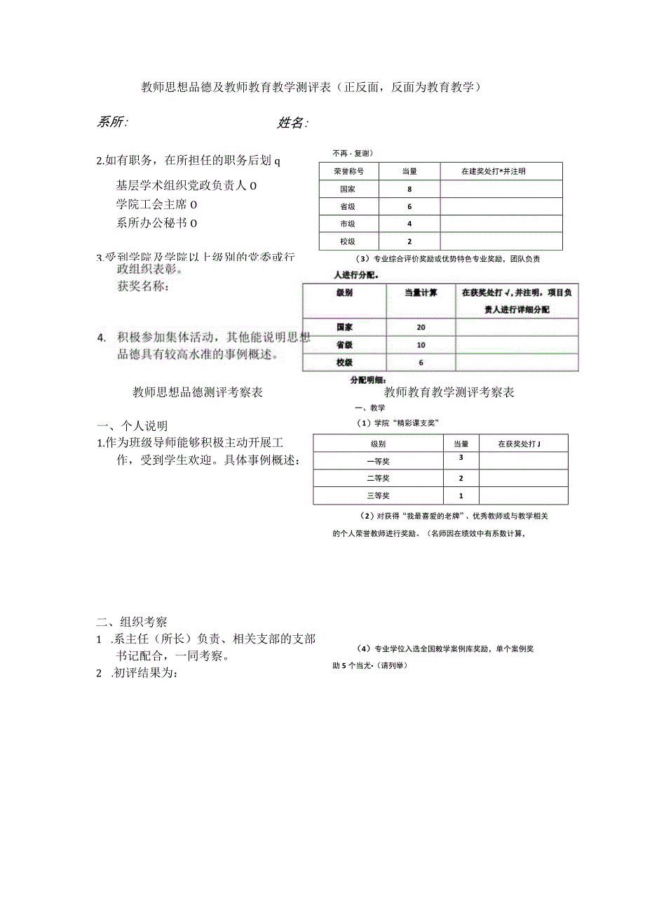 教师思想品德及教师教育教学测评表.docx_第1页