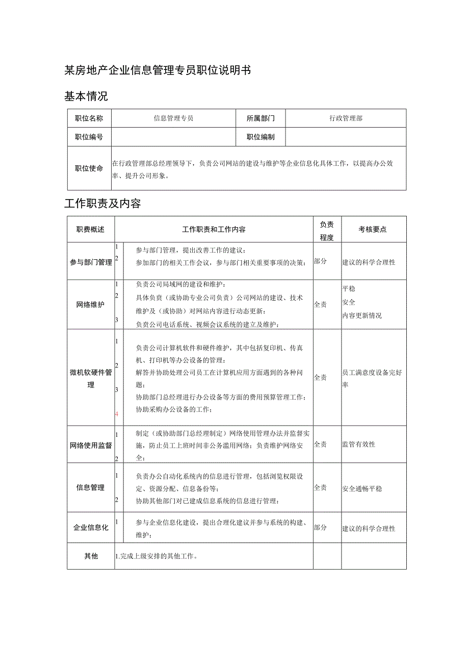 某房地产企业信息管理专员职位说明书.docx_第1页