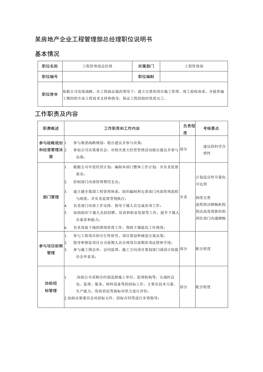 某房地产企业工程管理部总经理职位说明书.docx_第1页