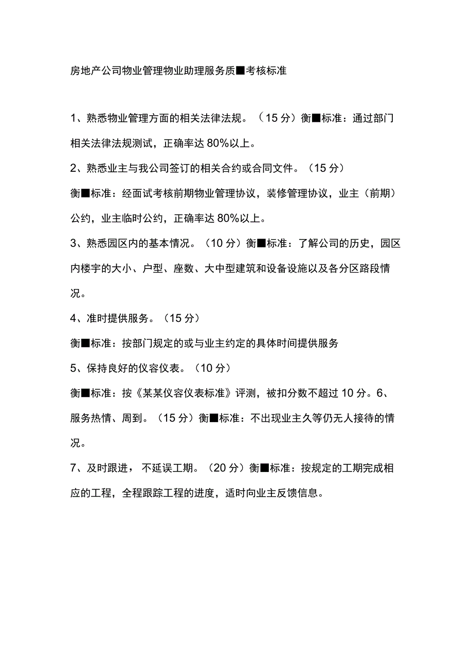 房地产公司物业管理物业助理服务质量考核标准.docx_第1页