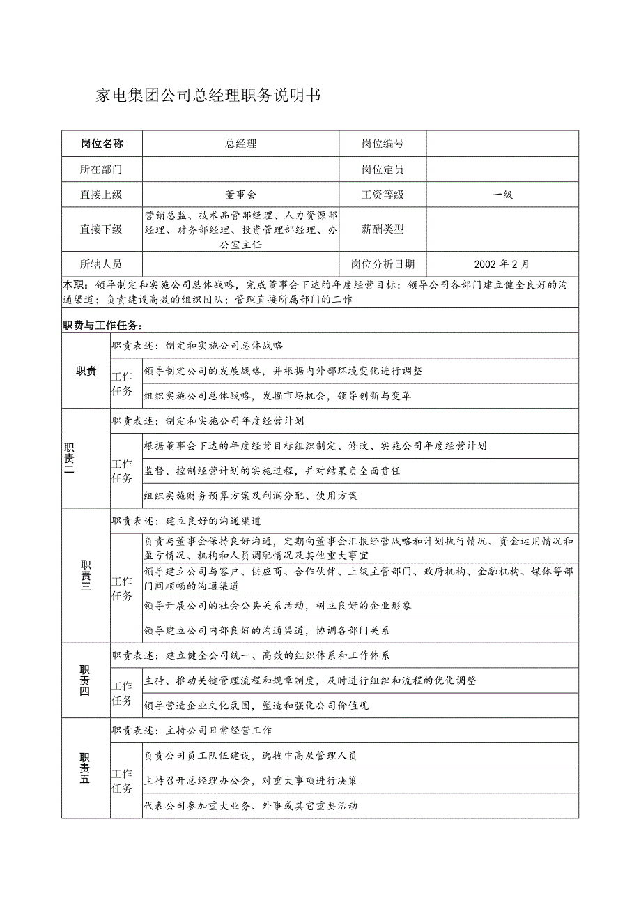 家电集团公司总经理职务说明书.docx_第1页