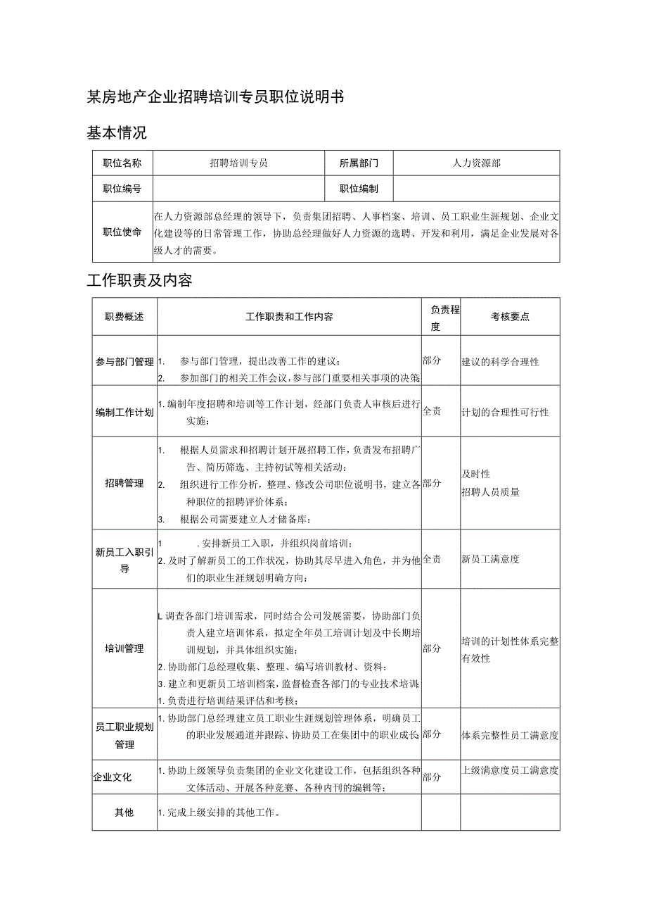 某房地产企业招聘培训专员职位说明书.docx_第1页