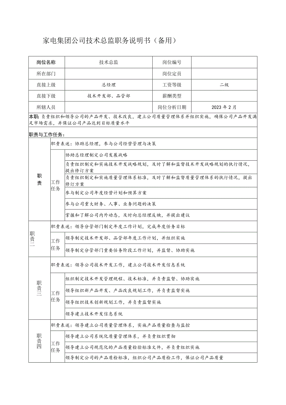 家电集团公司技术总监职务说明书（备用）.docx_第1页