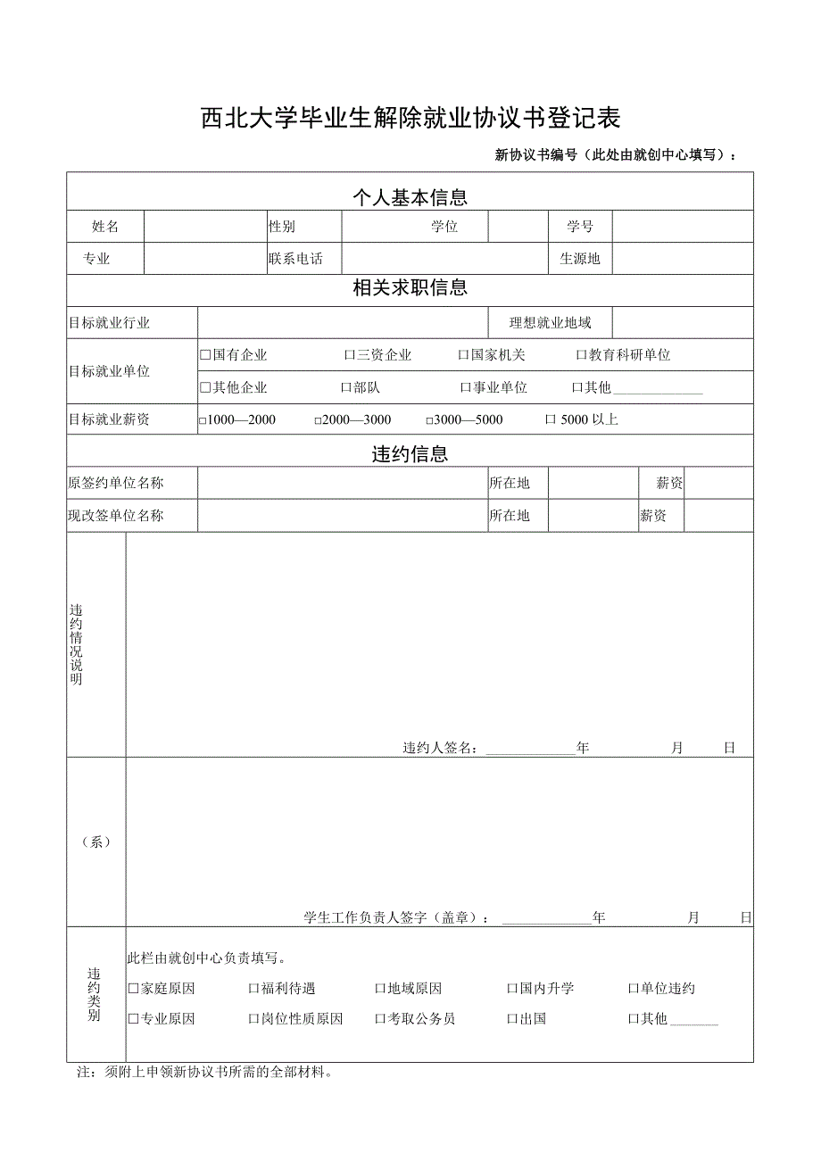 西北大学毕业生解除就业协议书登记表.docx_第1页