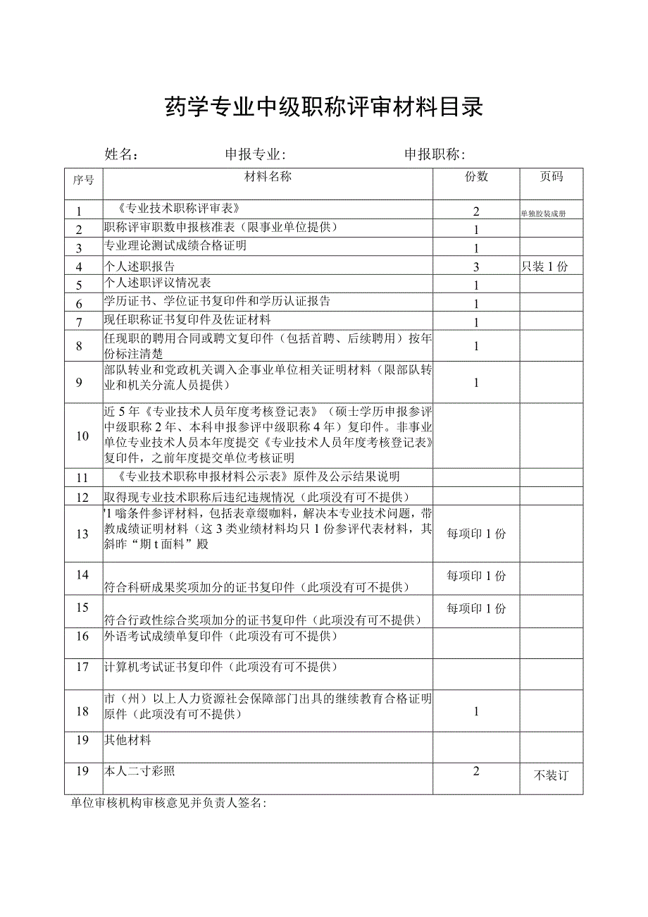 药学专业中级职称评审材料目录.docx_第1页