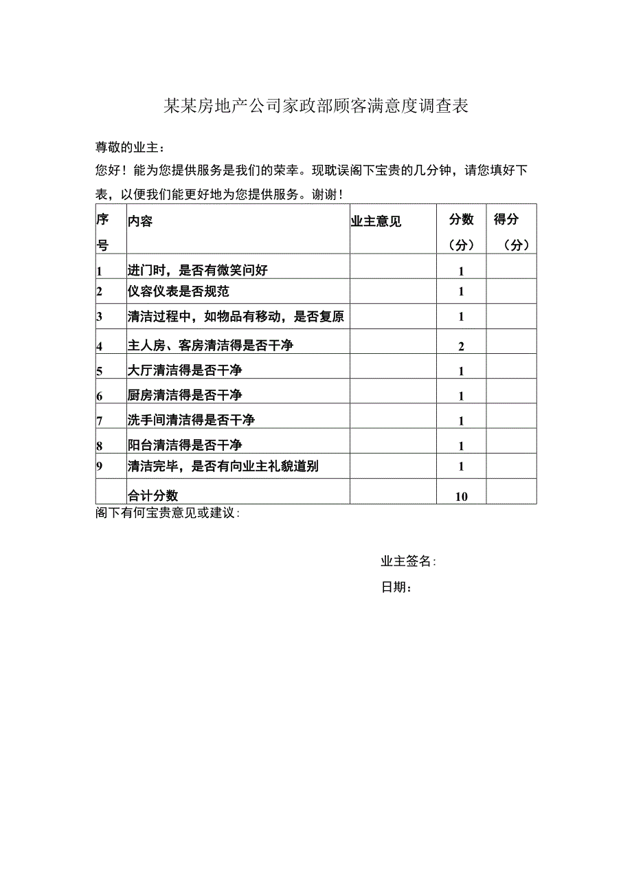 某某房地产公司家政部顾客满意度调查表.docx_第1页