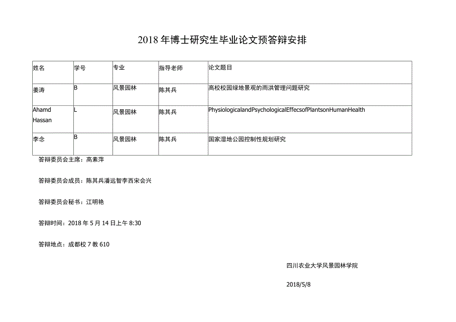 2018年博士研究生毕业论文预答辩安排.docx_第1页