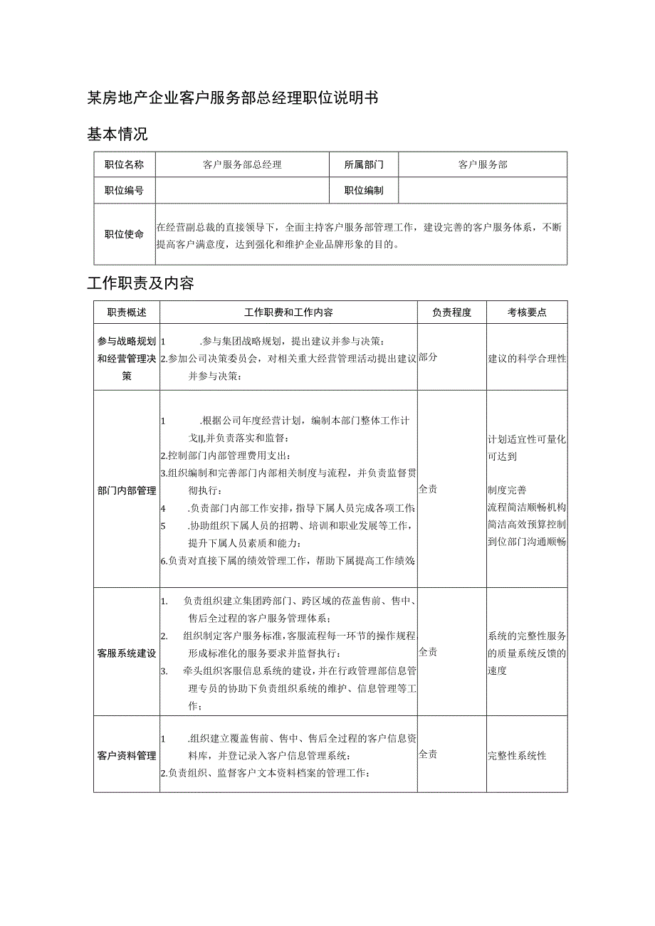 某房地产企业客户服务部总经理职位说明书.docx_第1页