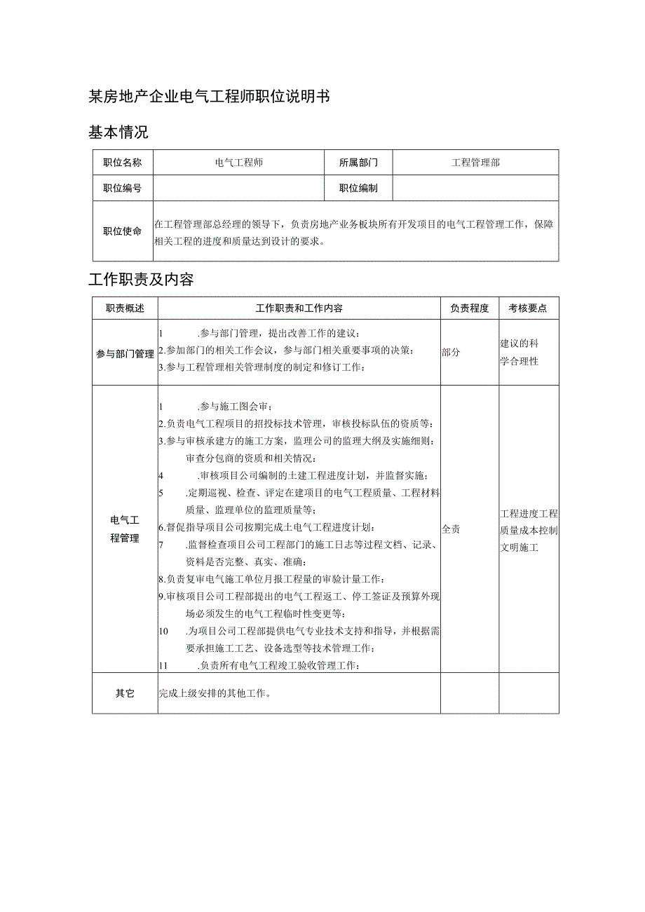 某房地产企业电气工程师职位说明书.docx_第1页