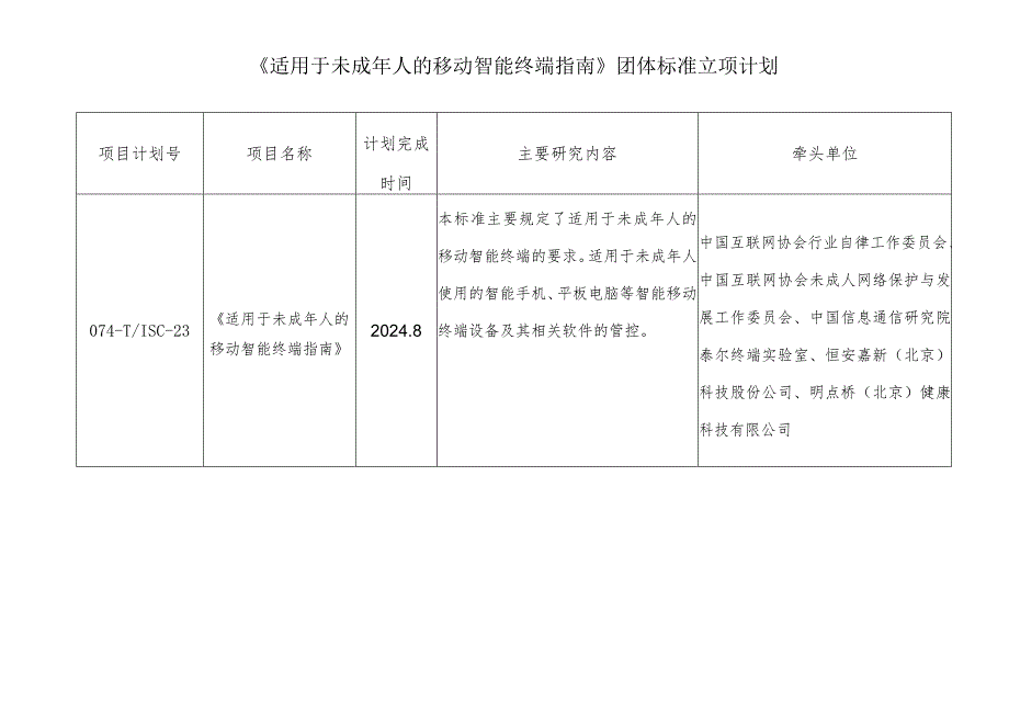 《适用于未成年人的移动智能终端指南》团体标准立项计划.docx_第1页