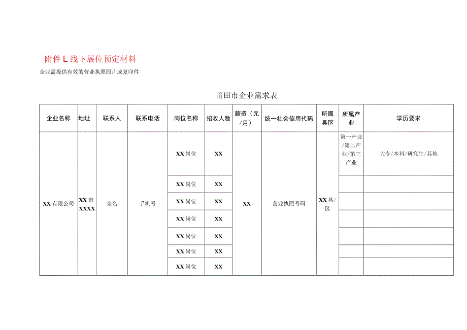 线下展位预定材料莆田市企业需求表.docx_第1页