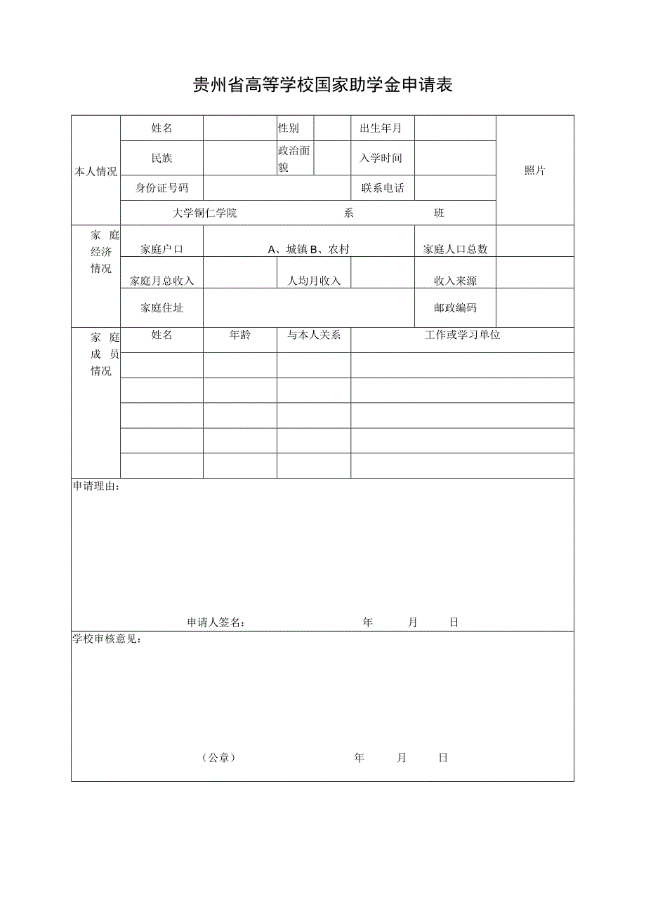 贵州省高等学校国家助学金申请表.docx_第1页