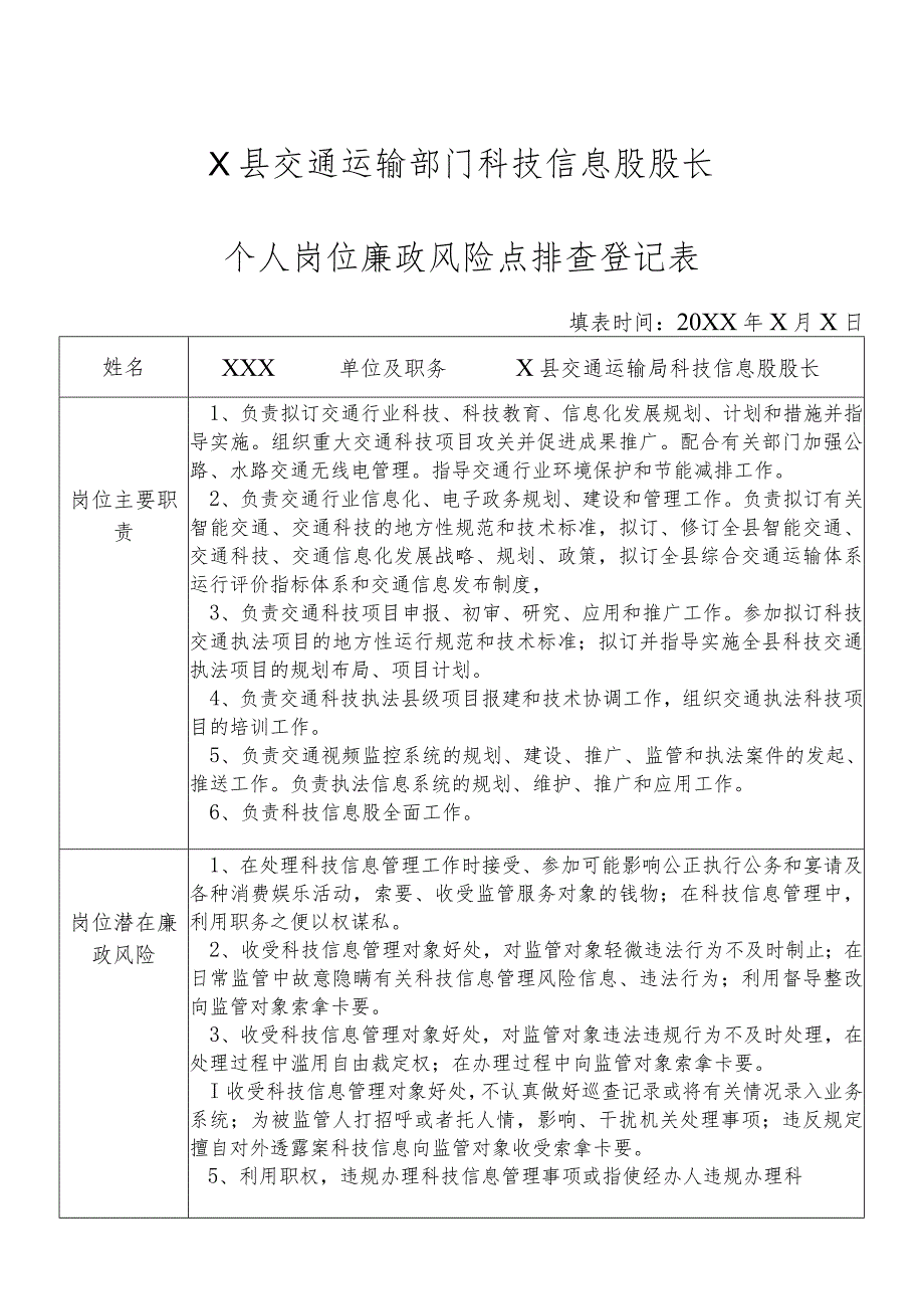 某县交通运输部门科技信息股股长个人岗位廉政风险点排查登记表.docx_第1页