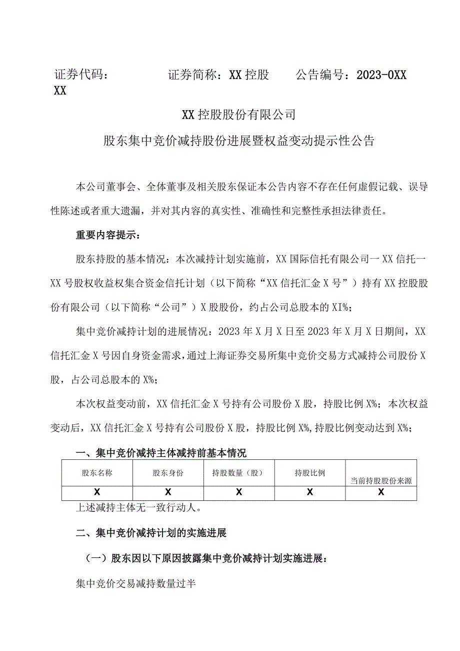 XX控股股份有限公司股东集中竞价减持股份进展暨权益变动提示性公告.docx_第1页