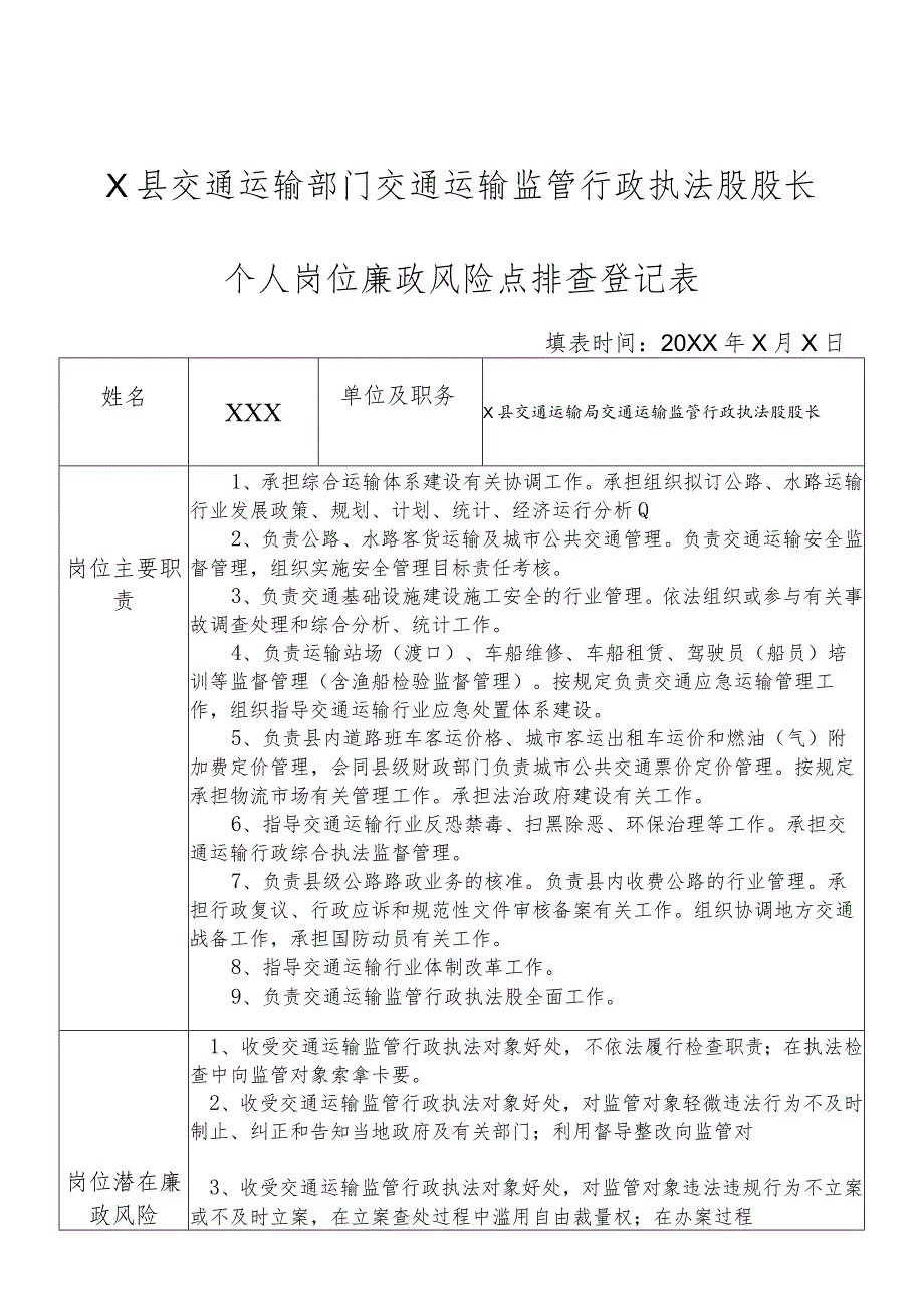 某县交通运输部门交通运输监管行政执法股股长个人岗位廉政风险点排查登记表.docx_第1页