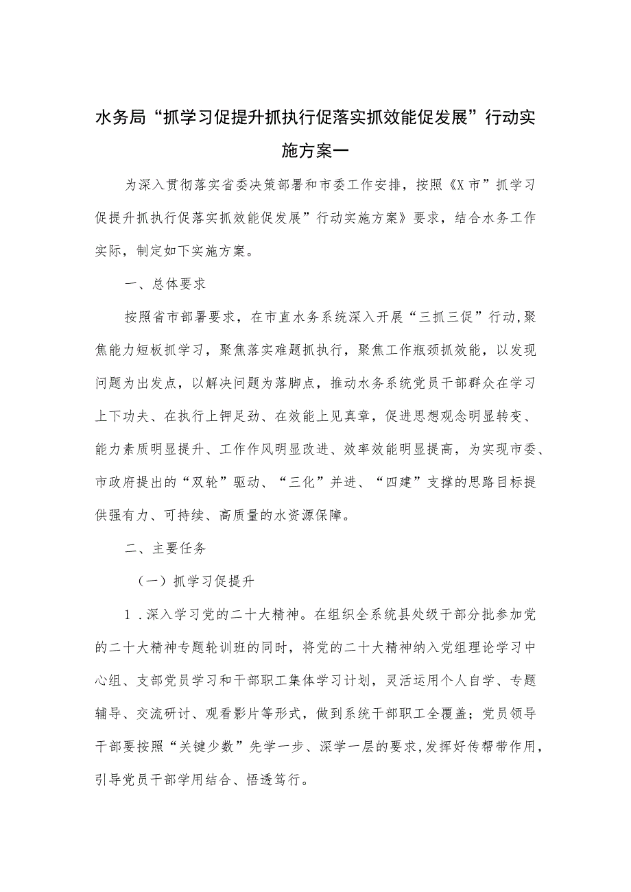 水务局“抓学习促提升抓执行促落实抓效能促发展”行动实施方案.docx_第1页