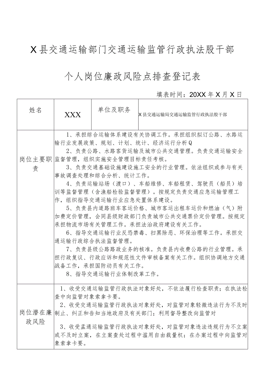 某县交通运输部门交通运输监管行政执法股干部个人岗位廉政风险点排查登记表.docx_第1页