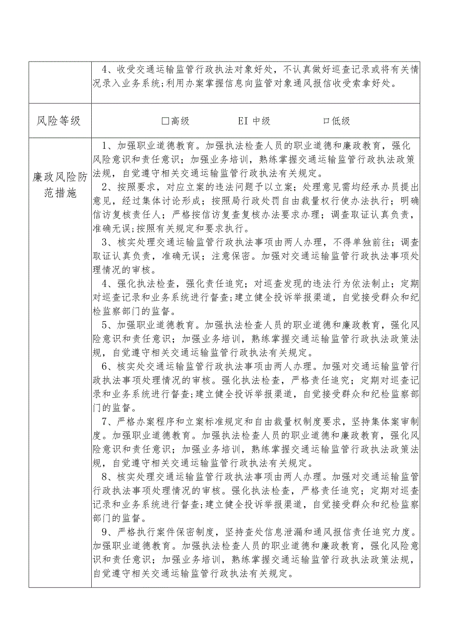 某县交通运输部门交通运输监管行政执法股干部个人岗位廉政风险点排查登记表.docx_第2页