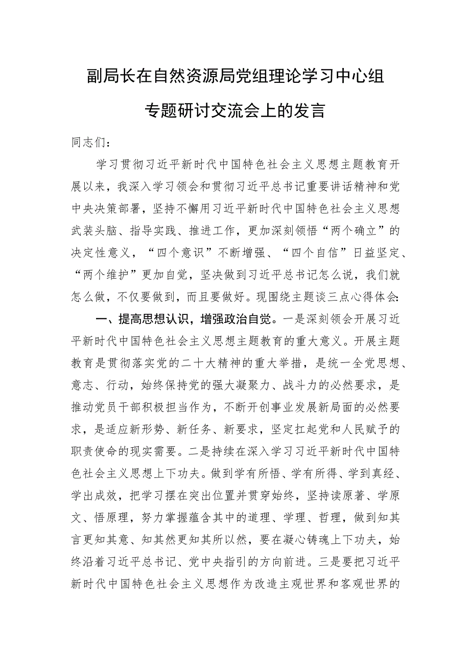 副局长在自然资源局党组理论学习中心组专题研讨交流会上的发言.docx_第1页