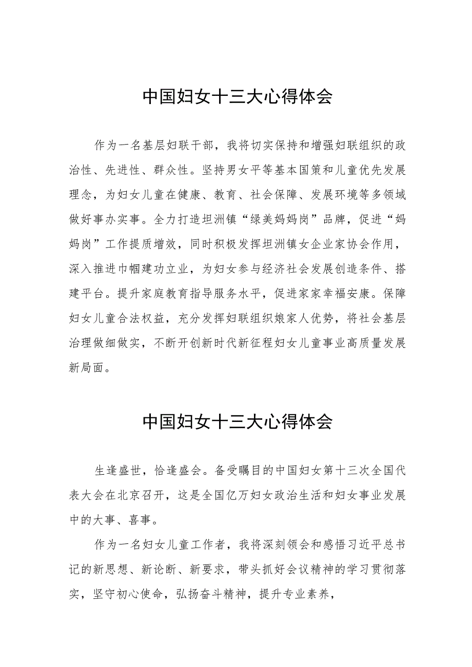 妇女干部学习中国妇女第十三次全国代表大会精神心得体会发言材料十篇.docx_第1页