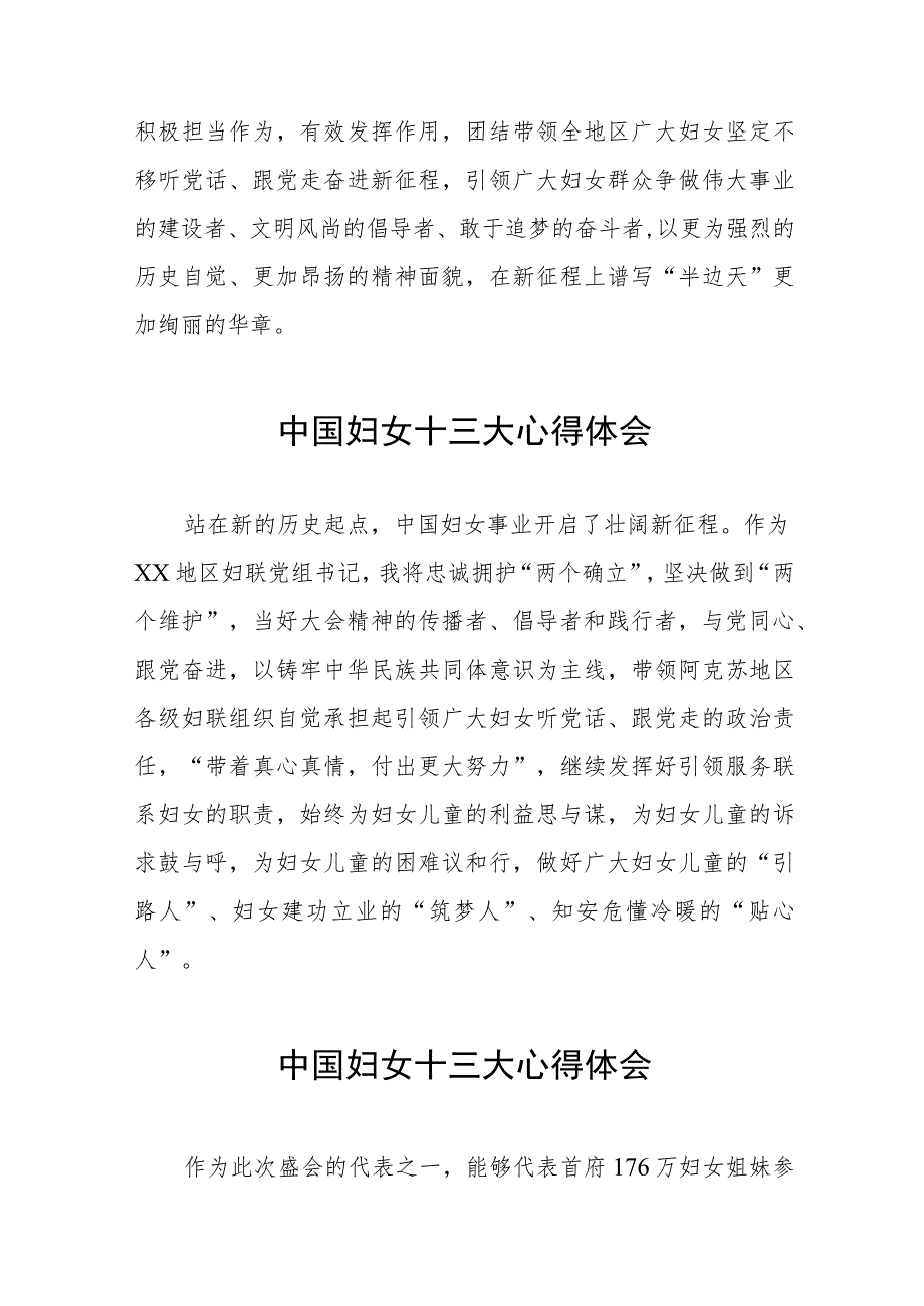 妇女干部学习中国妇女第十三次全国代表大会精神心得体会发言材料十篇.docx_第2页