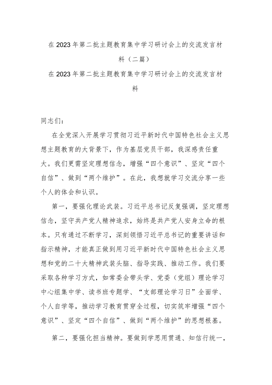 在2023年第二批主题教育集中学习研讨会上的交流发言材料(二篇).docx_第1页