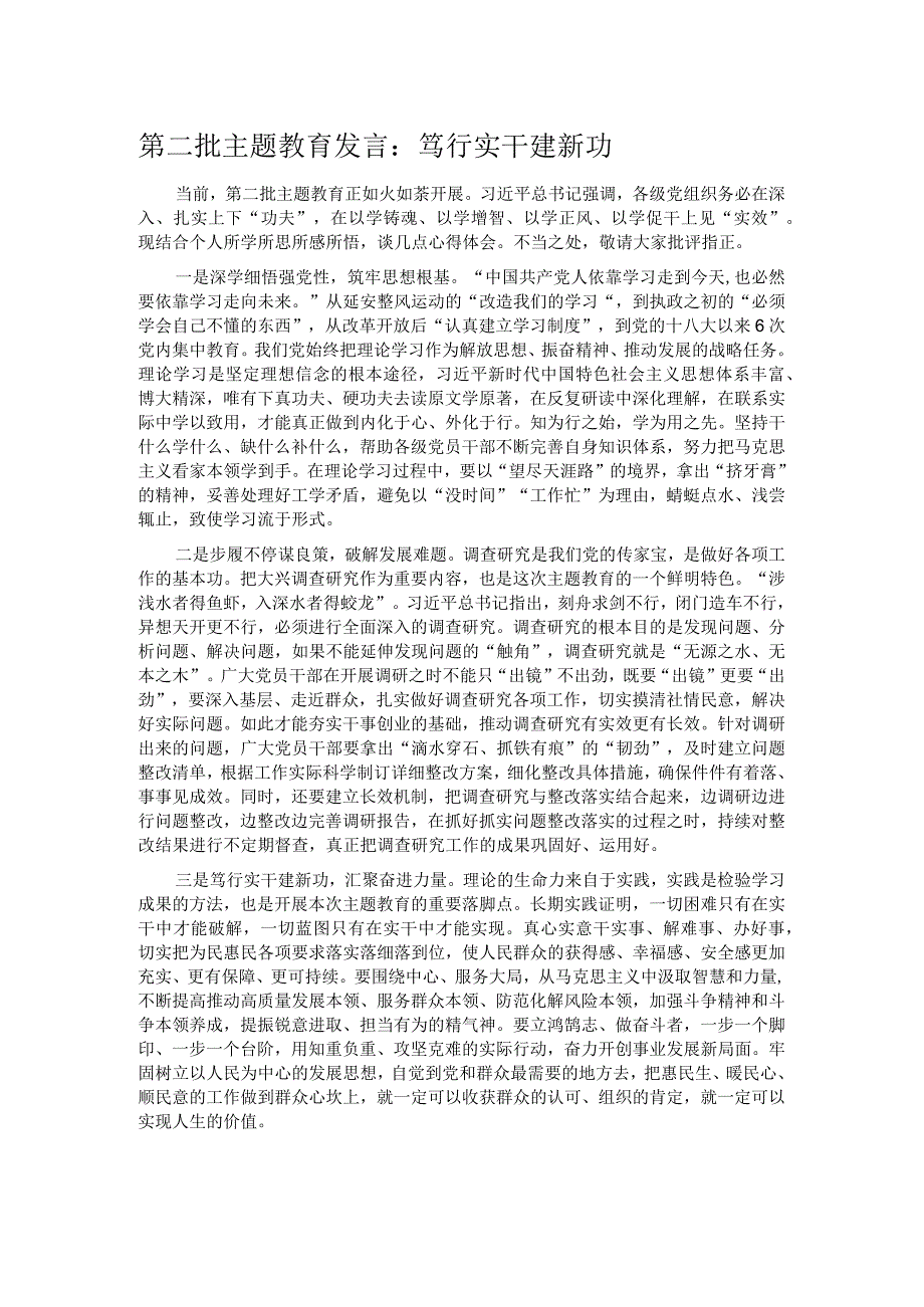 第二批主题教育发言：笃行实干建新功.docx_第1页