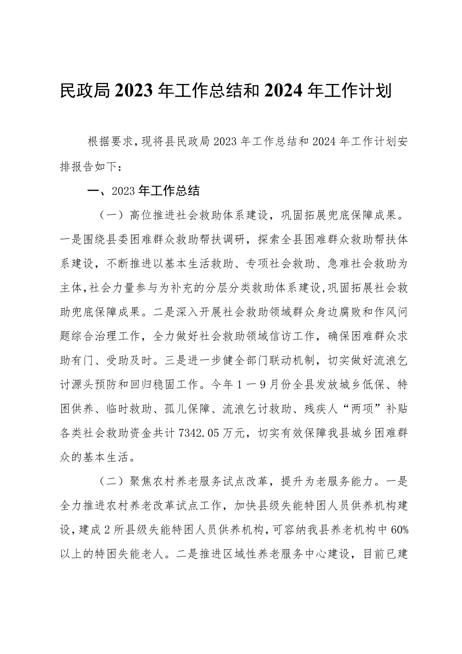 民政局2023年工作总结和2024年工作计划.docx_第1页