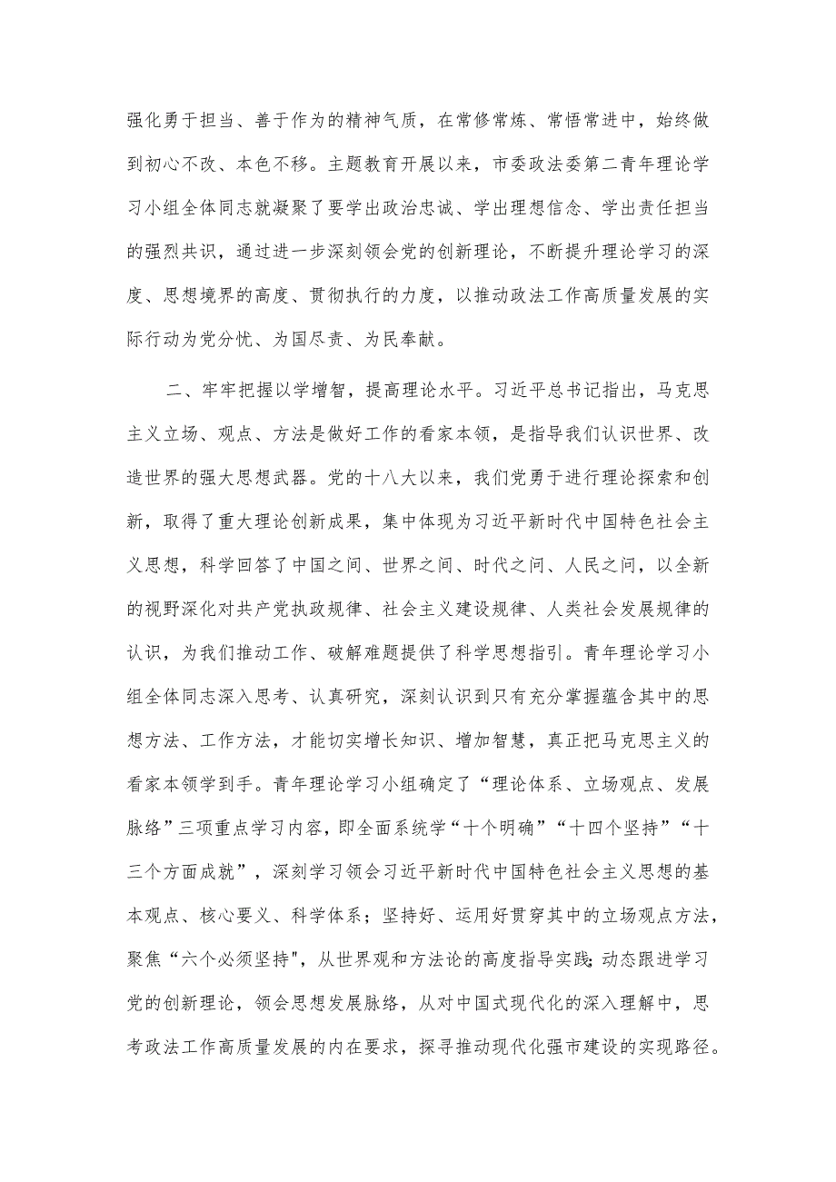 在青年干部主题教育读书班上的交流发言供政法委机关借鉴.docx_第2页