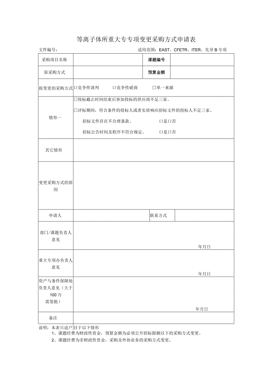 等离子体所重大专专项变更采购方式申请表.docx_第1页