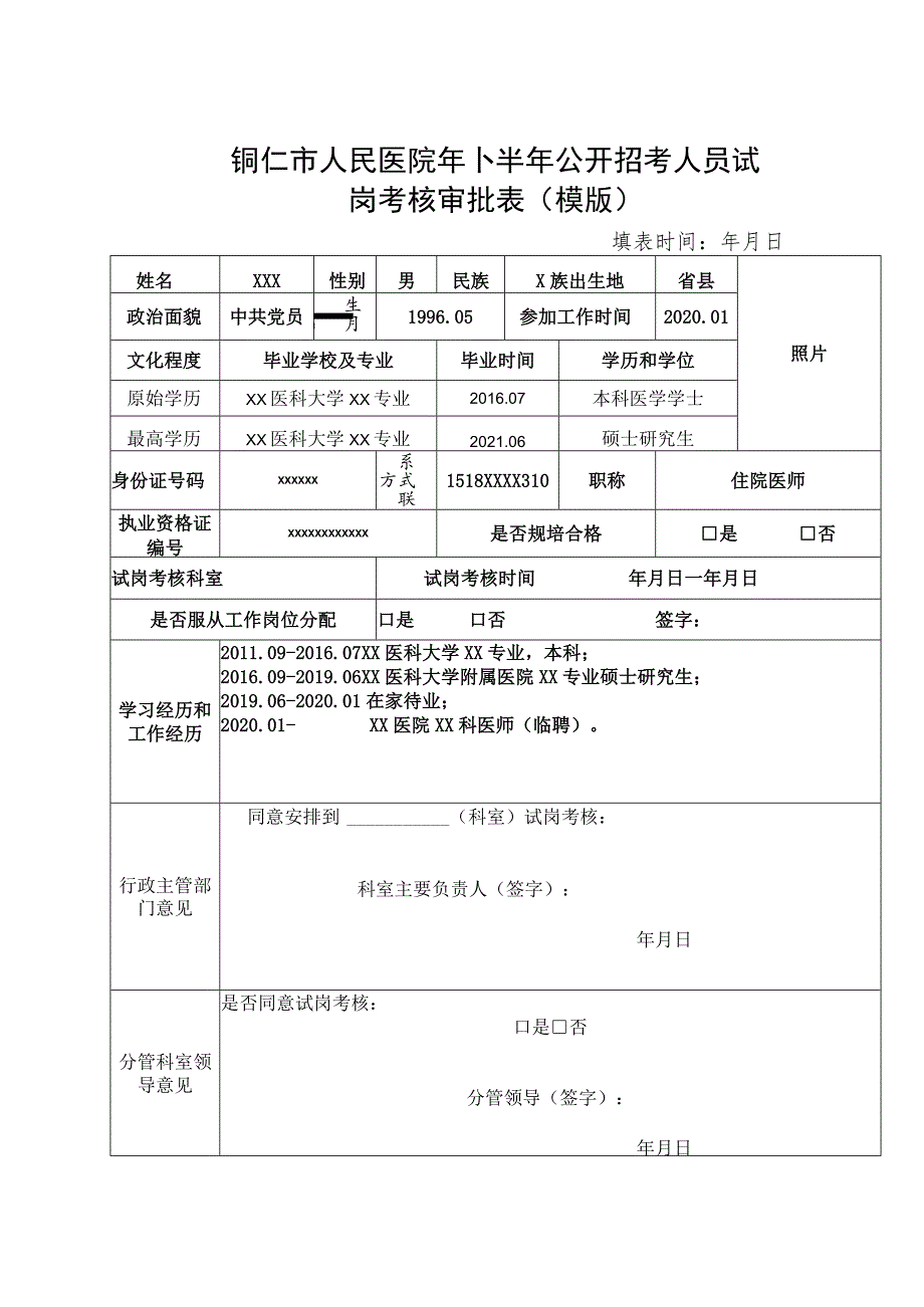 铜仁市人民医院2023年上半年公开招考人员试岗考核审批表模版.docx_第1页