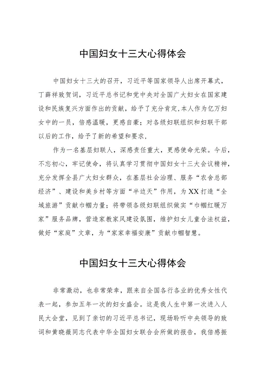 妇女工作者学习中国妇女第十三次全国代表大会精神心得体会十篇.docx_第1页