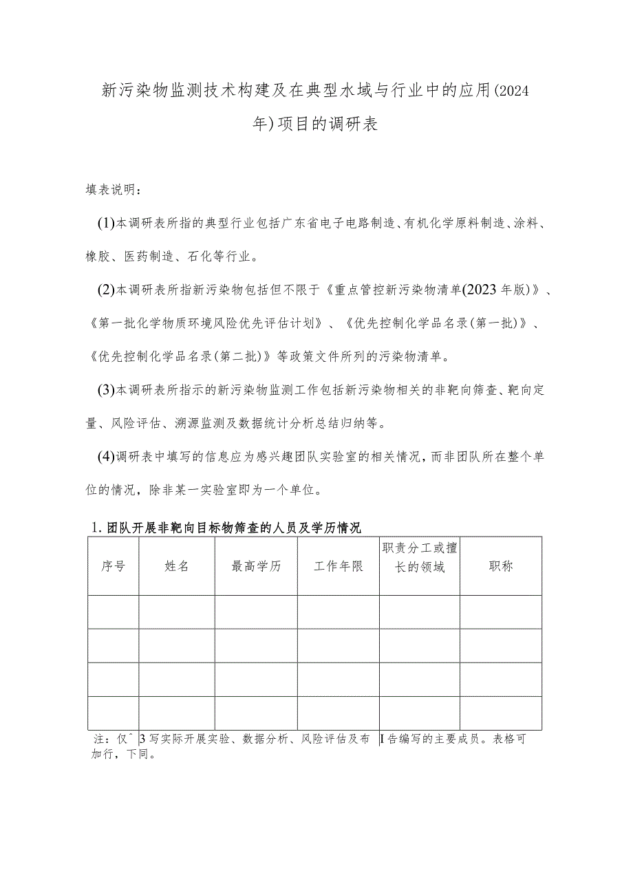 新污染物监测技术构建及在典型水域与行业中的应用2024年项目的调研表.docx_第1页