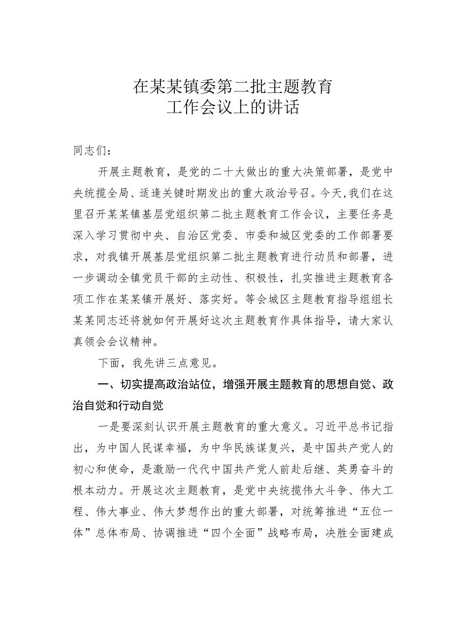 在某某镇委第二批主题教育工作会议上的讲话.docx_第1页