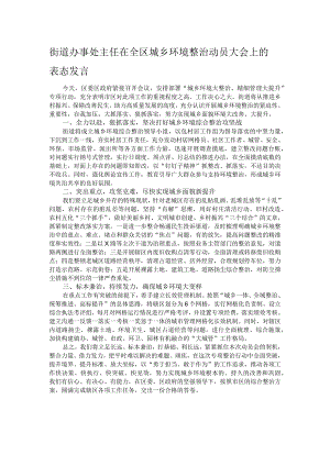 街道办事处主任在全区城乡环境整治动员大会上的表态发言.docx