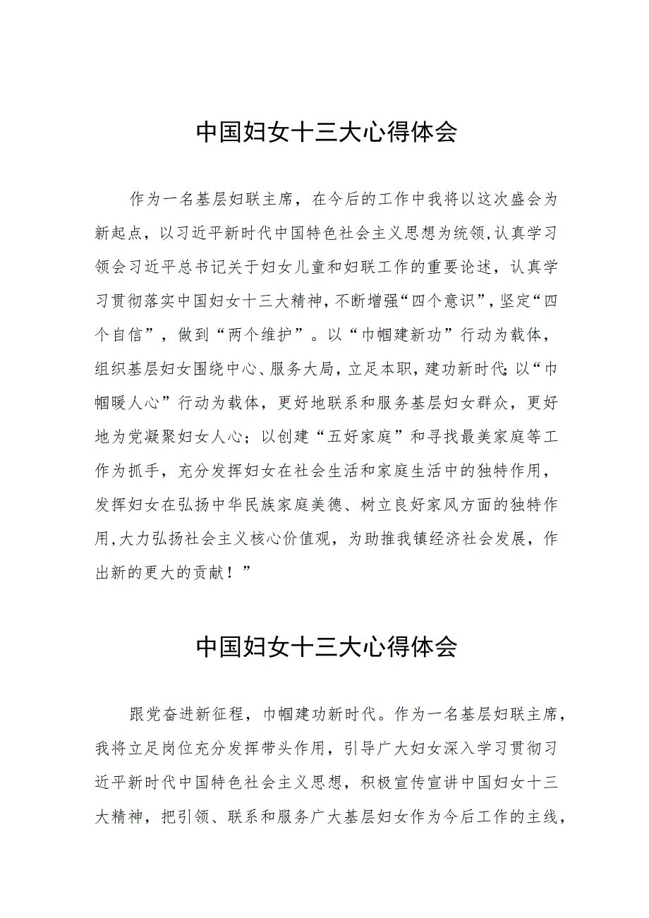 妇女干部关于中国妇女第十三次全国代表大会精神的心得体会二十篇.docx_第1页